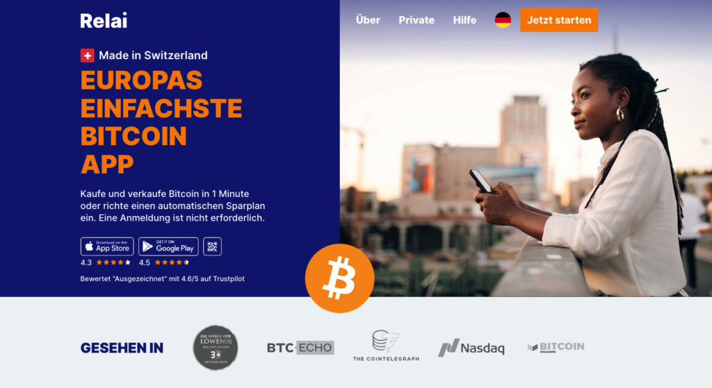 Screenshot Relai Webseite, Schlagsatz: "Europas einfachste Bitcoin App".