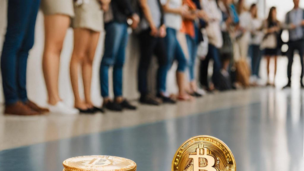 Eine Reihe von Menschen stehen in einer Schlange, davor liegt eine Bitcoin Münze in Gold.