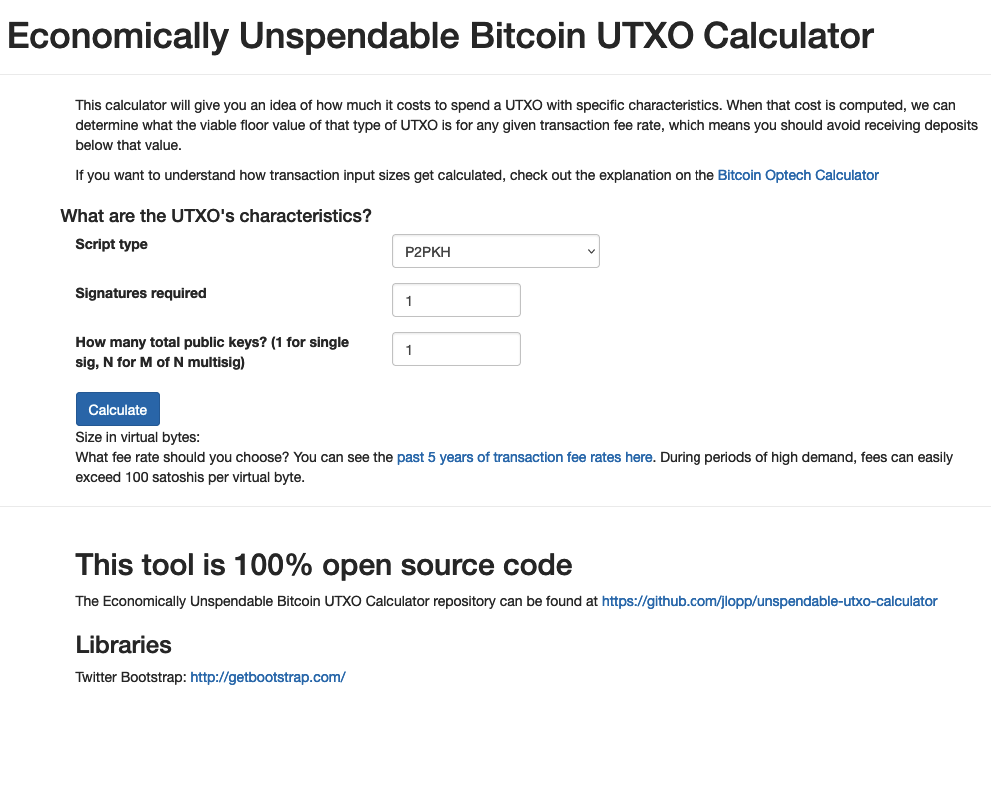 Screenshot des Bitcoin UTXO Berechnungstools von Jameson Lopp
